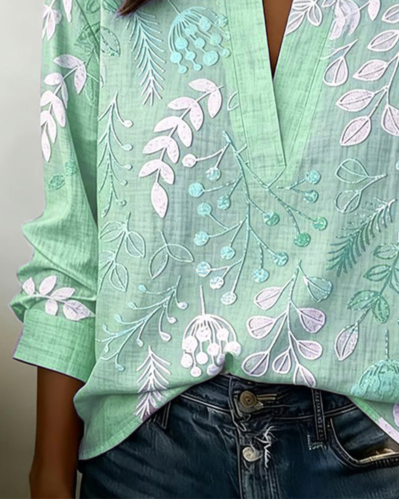 Blouse with Floral Print and Stand-Up Collar
