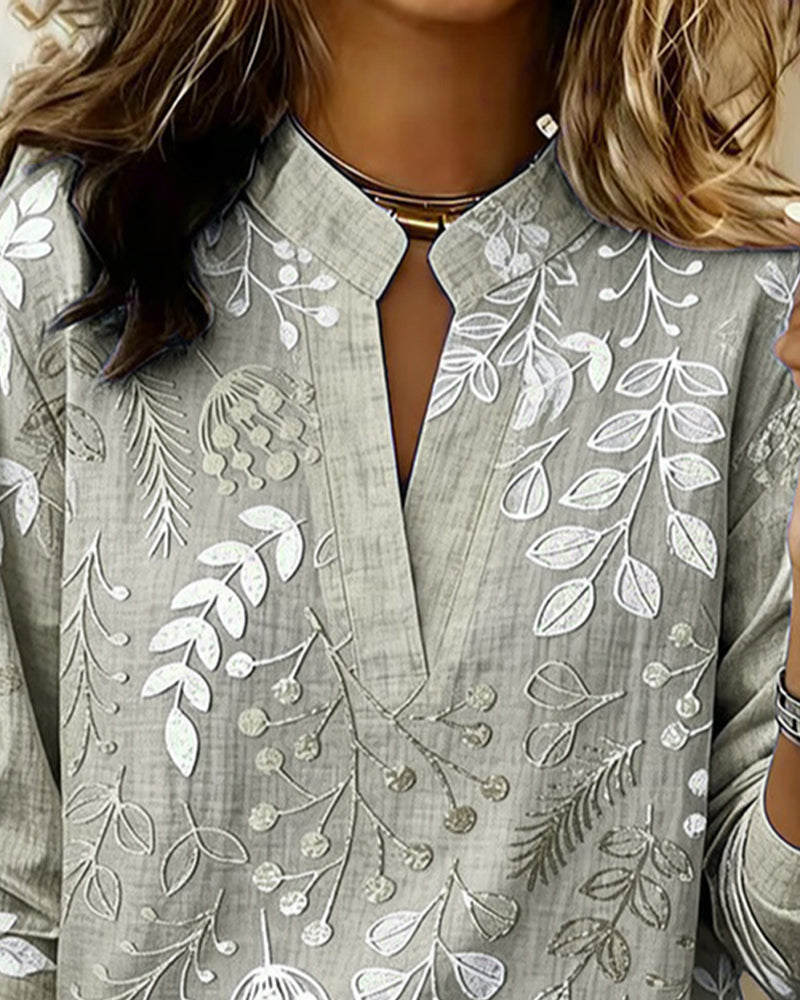 Blouse with Floral Print and Stand-Up Collar