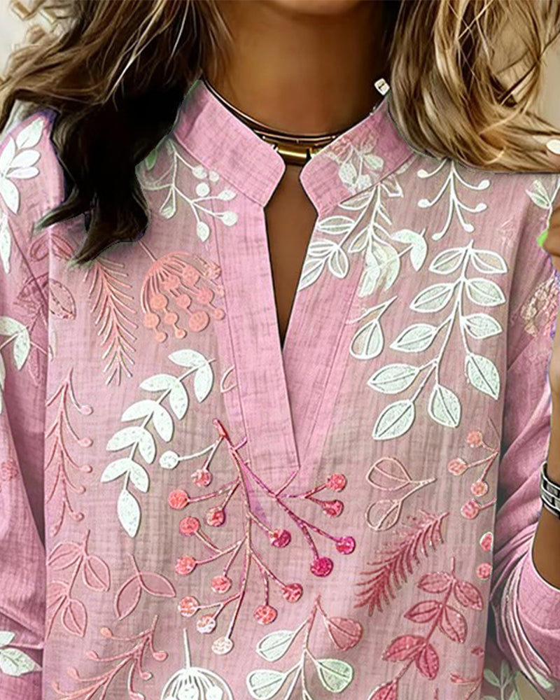 Blouse with Floral Print and Stand-Up Collar