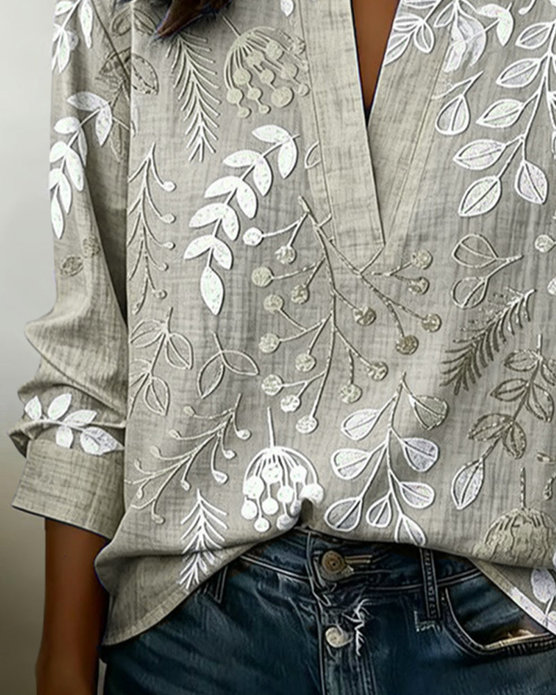 Blouse with Floral Print and Stand-Up Collar