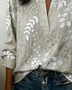 Blouse with Floral Print and Stand-Up Collar
