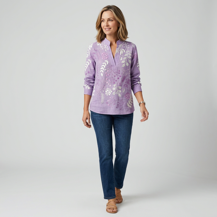 Blouse with Floral Print and Stand-Up Collar